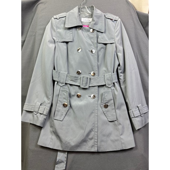Calvin Klein Women's Light Gray Double Breasted Belted Trench Coat size S Small - Picture 11 of 13